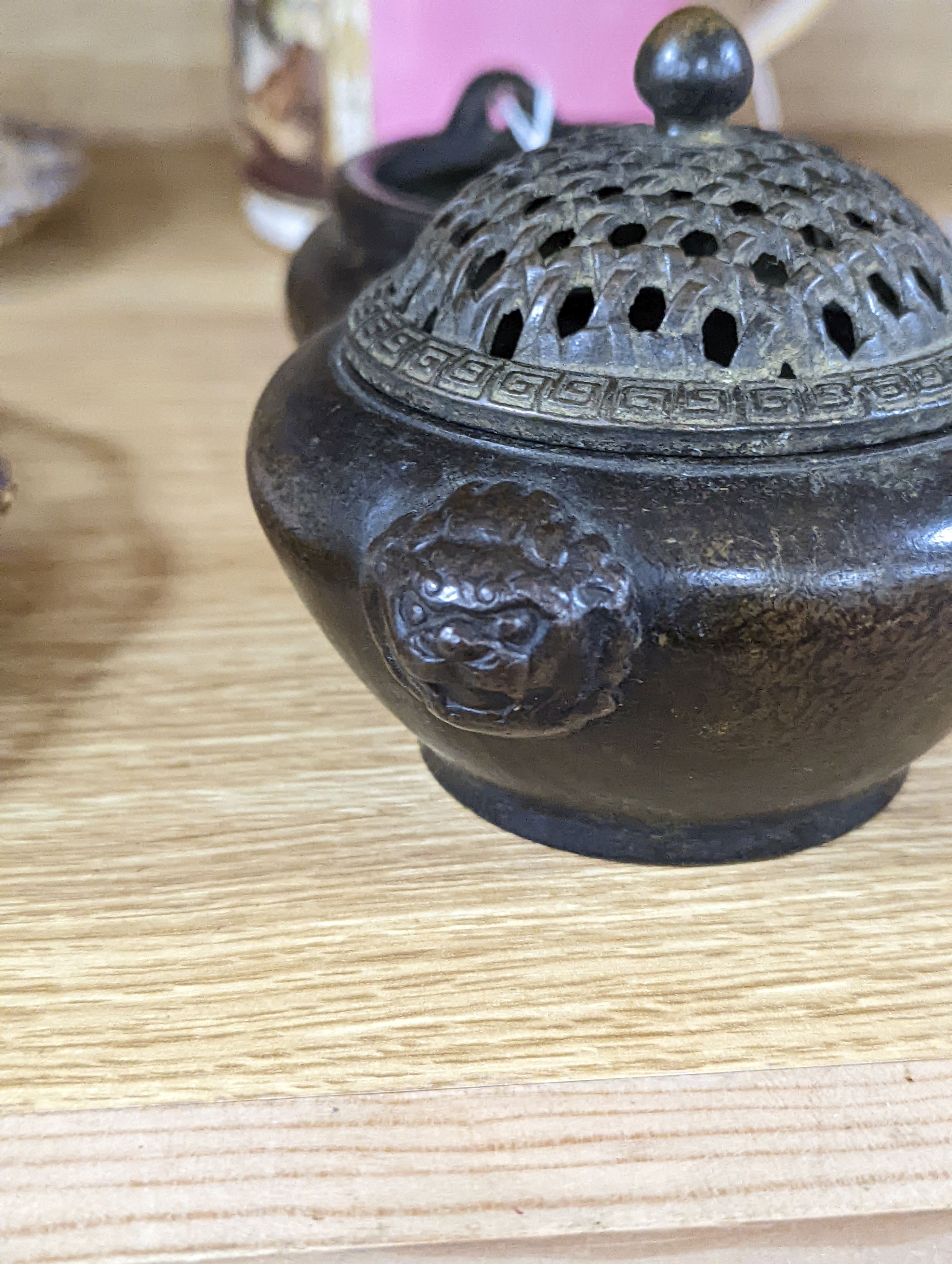 A Chinese bronze tripod censer and a Chinese bronze censer and cover 11cm